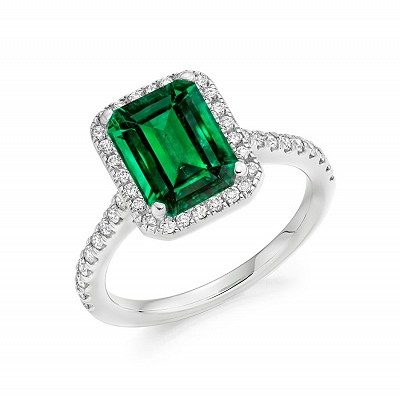 Emerald Cut Emerald with Diamond Halo & Shoulders